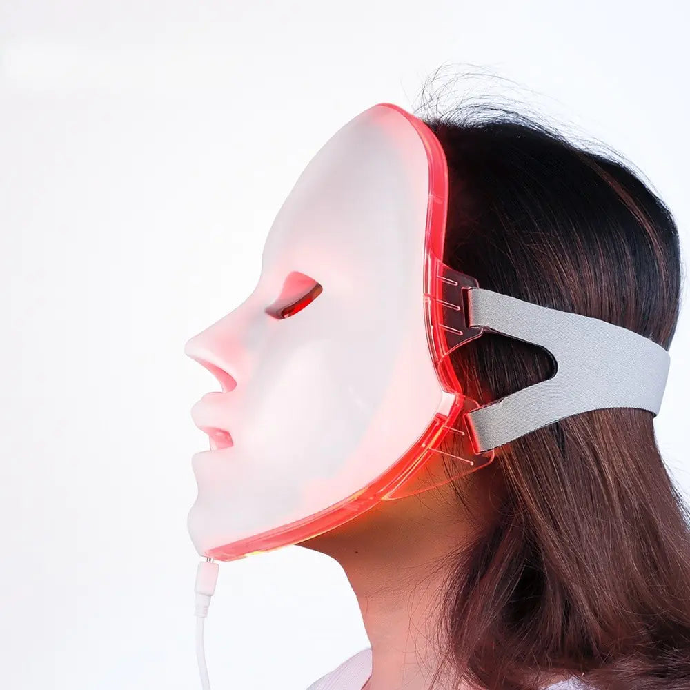 Close-up of 7-Hue LED Mask with red light targeting pigmentation.