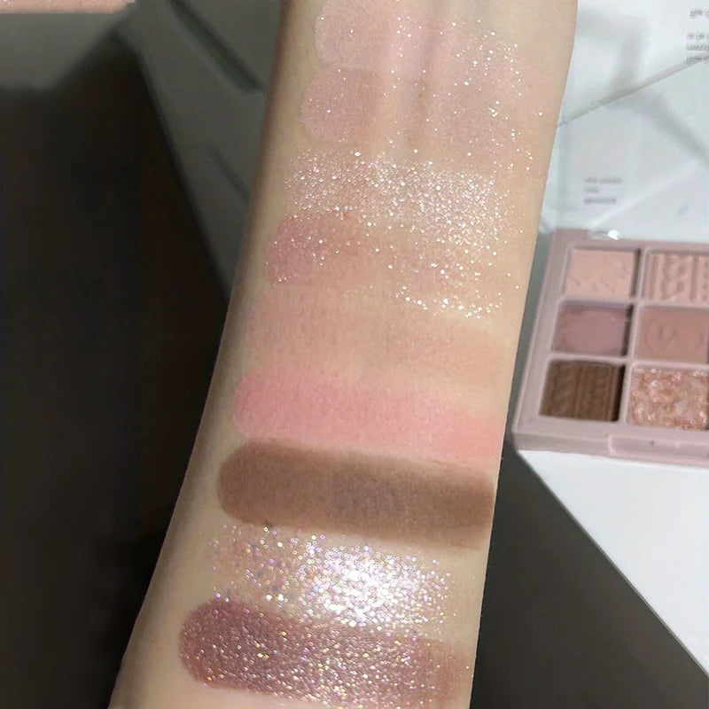 9-Color Matte & Shimmer Eyeshadow swatches – vibrant pink-brown makeup pigments