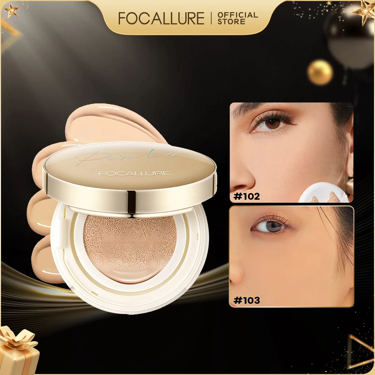 Woman with FOCALLURE Waterproof Matte Cushion – flawless matte makeup for all day