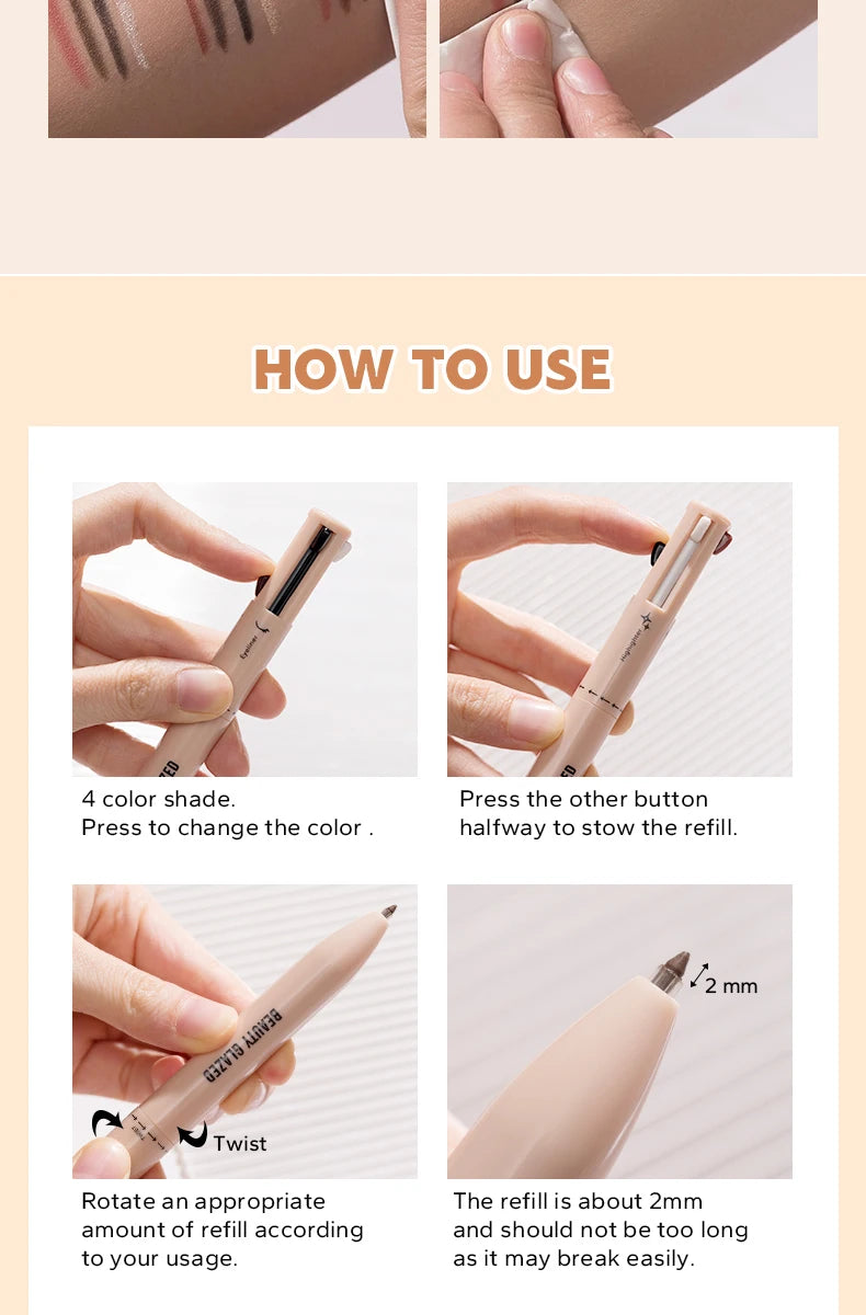Beauty Glazed Multifunctional Makeup Pencil Eyebrow Pencil Eyeliner Lip Liner Highlighter 4 In 1 Makeup Ballpen Matte Finish