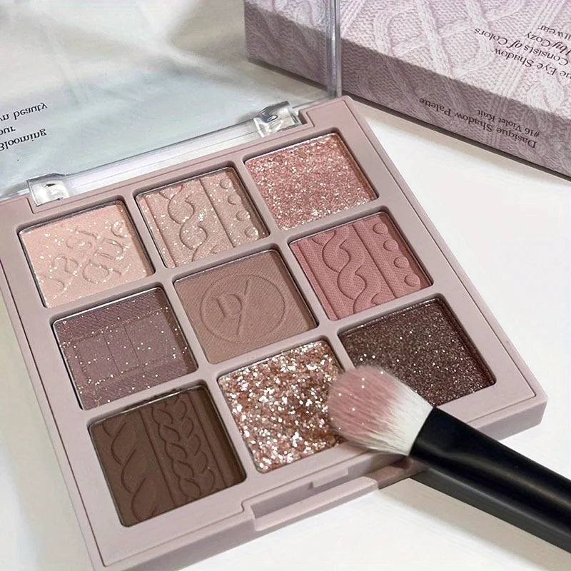 9-Color Eyeshadow Palette open – blend-able matte and shimmer pink-brown shades