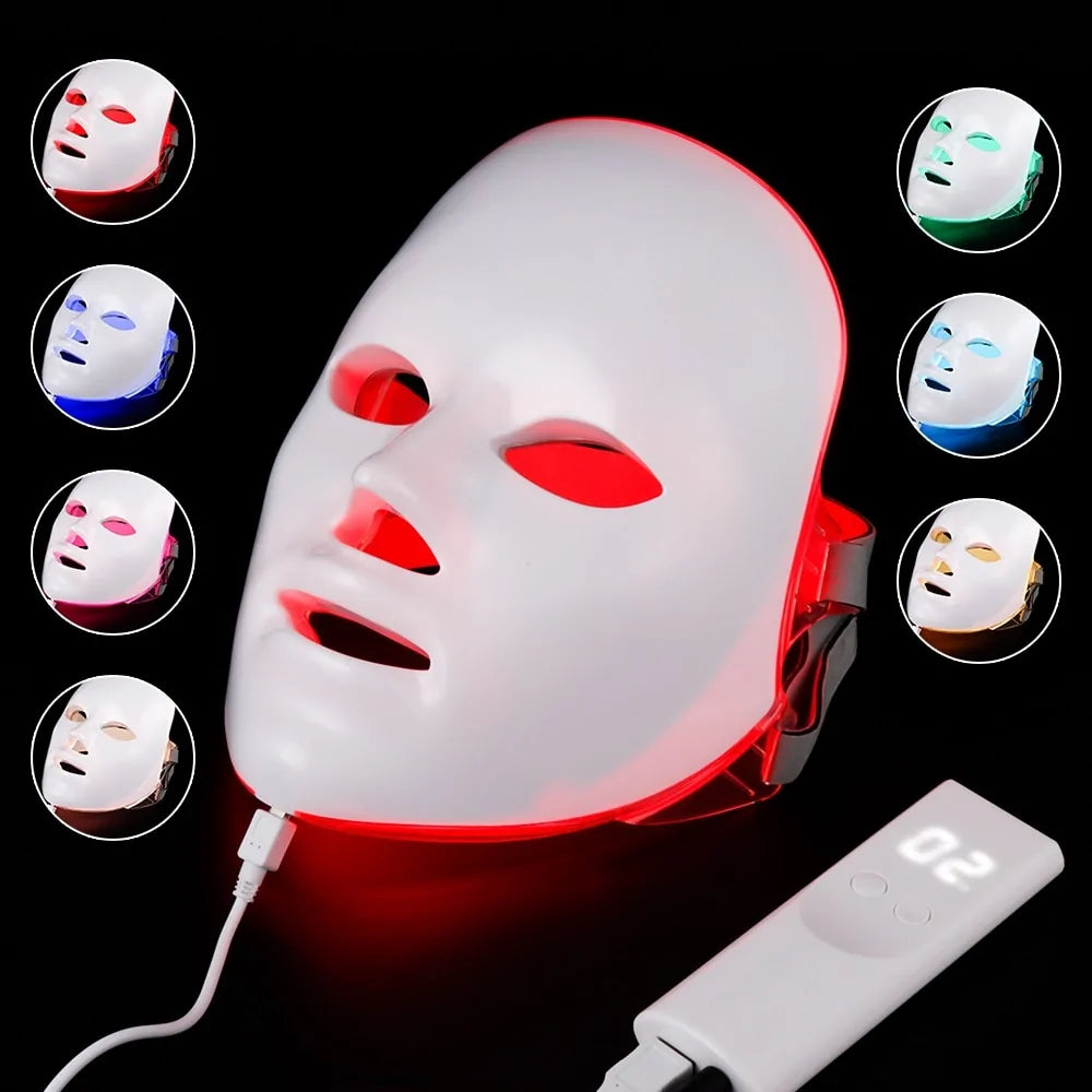 7-Hue LED Light Skincare Mask on display with customizable 7-color settings.