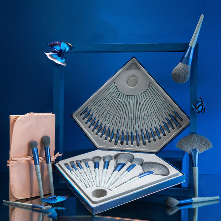 Professional Makeup Set with matte silver handles and electric blue collars