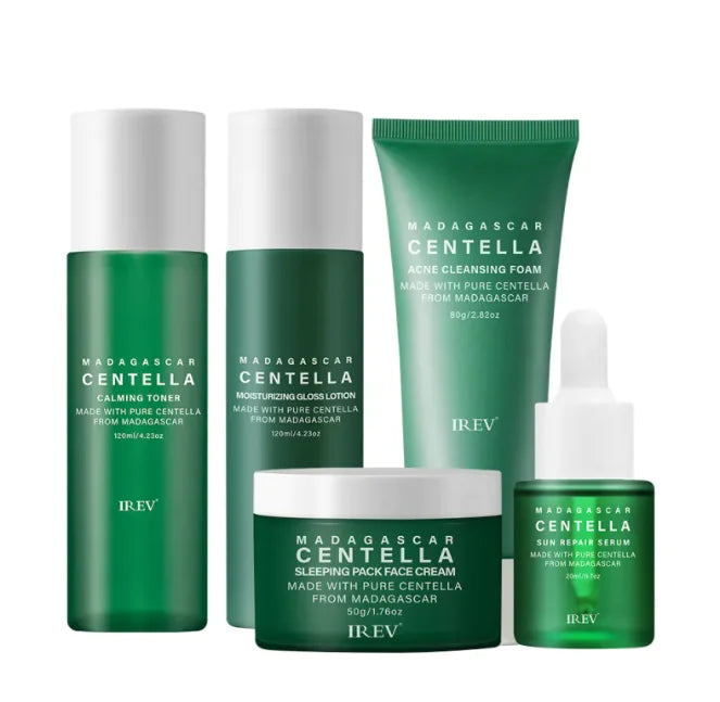 Centella Skincare Set with facial cleanser, toner, moisturizer, and serum in eco-friendly packaging.