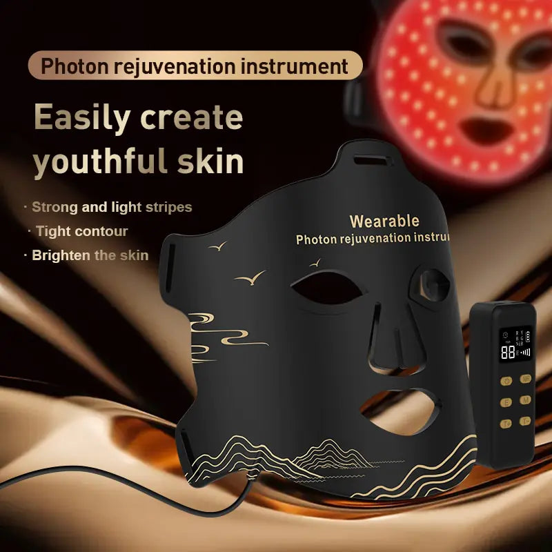 Red LED Light Therapy Mask glowing with red light for anti-aging.