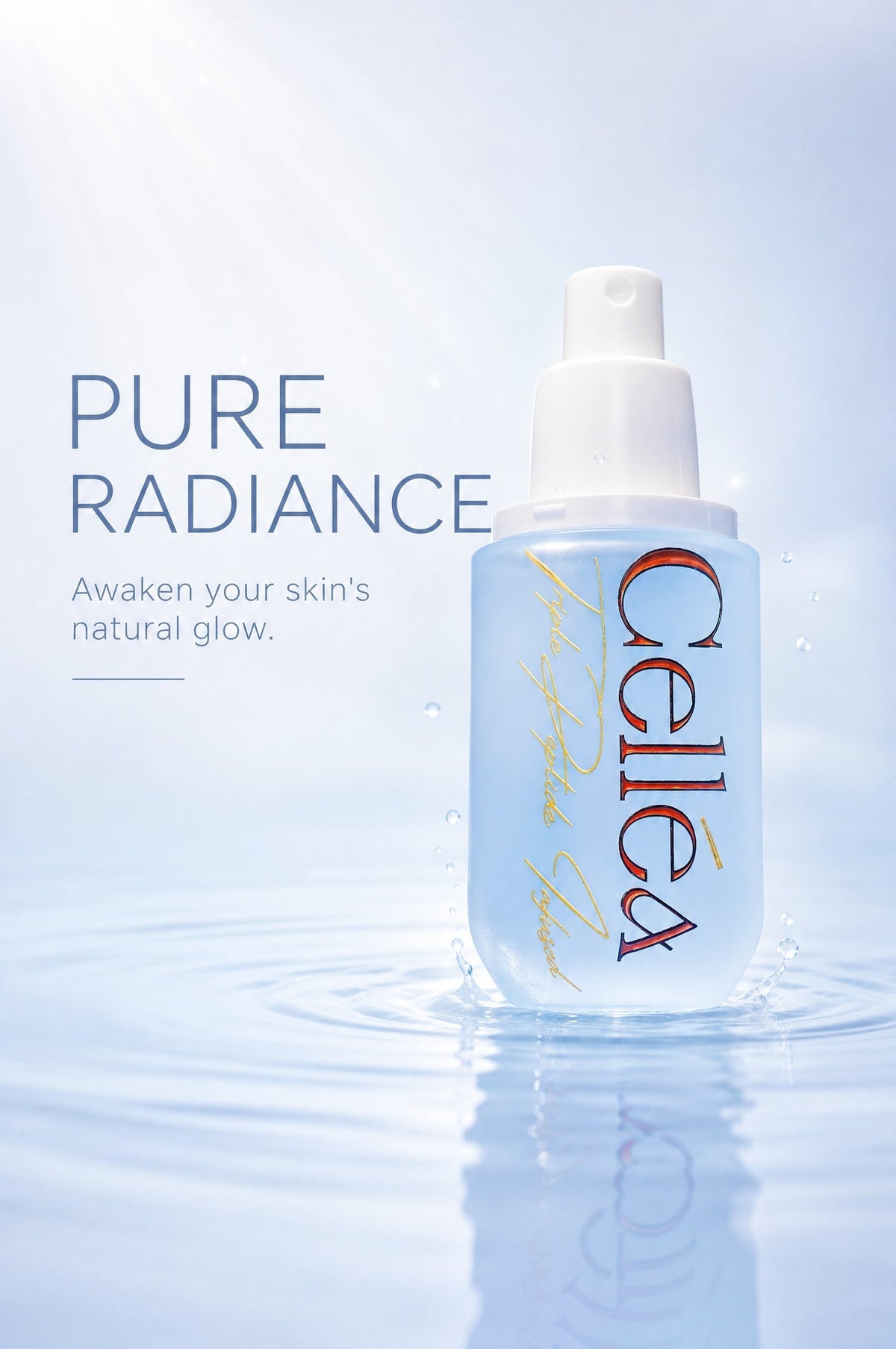 CELLÉA Korean Skincare on a shallow water platform with the text "Pure Radiance"
