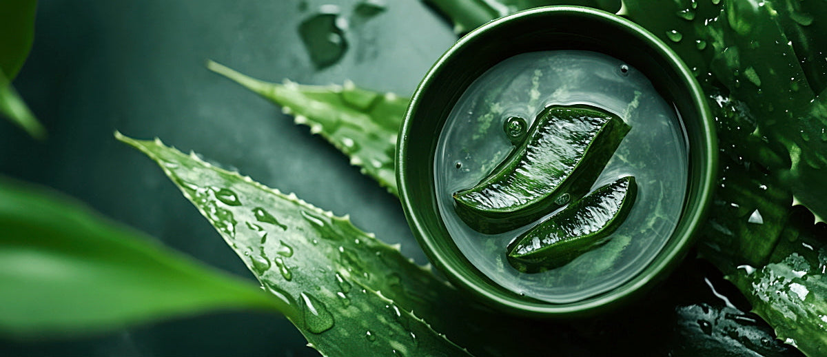 Green aloe vera gel in a bowl surrounded by aloe vera leaves with water droplets.
