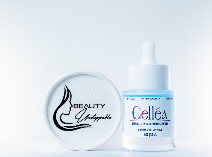 Cosmetic product with 'Beauty Unstoppable' logo and "CELLÉA" bottle on a light background