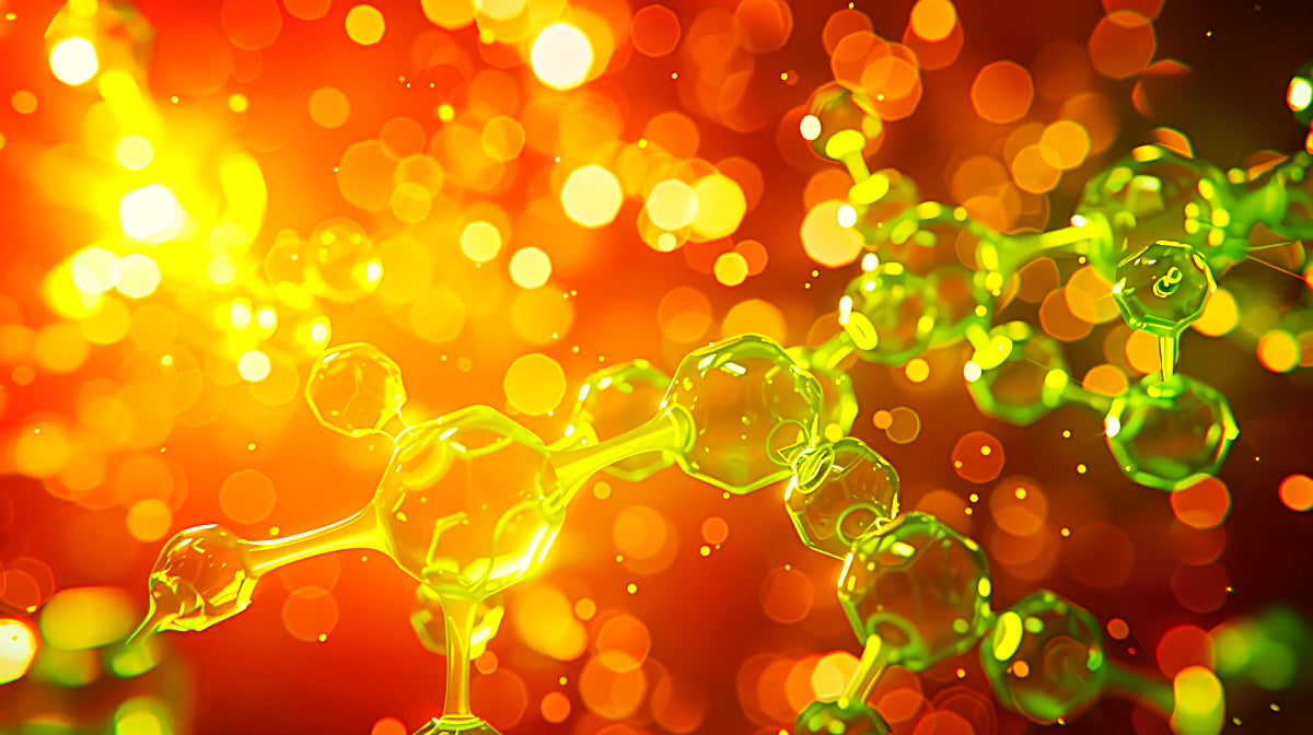 Molecular structure model with a colorful, blurred background