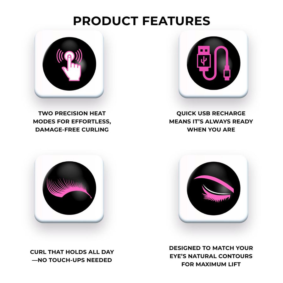 Product features of a hair curling tool with icons and text on a white background