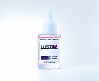 Bottle of LUST24 skincare product on a light blue background