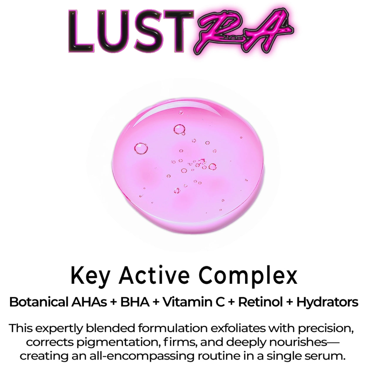 Pink serum droplet with LUSTRA branding and product description on a white background