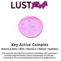 Pink serum droplet with LUSTRA branding and product description on a white background