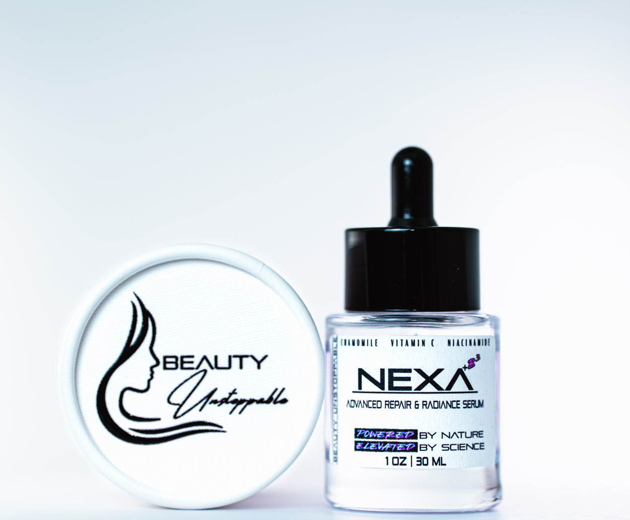 Nexa serum bottle with dropper and 'Beauty Unstoppable' logo on a white background
