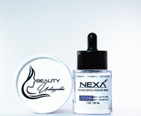 Nexa serum bottle with dropper and 'Beauty Unstoppable' logo on a white background