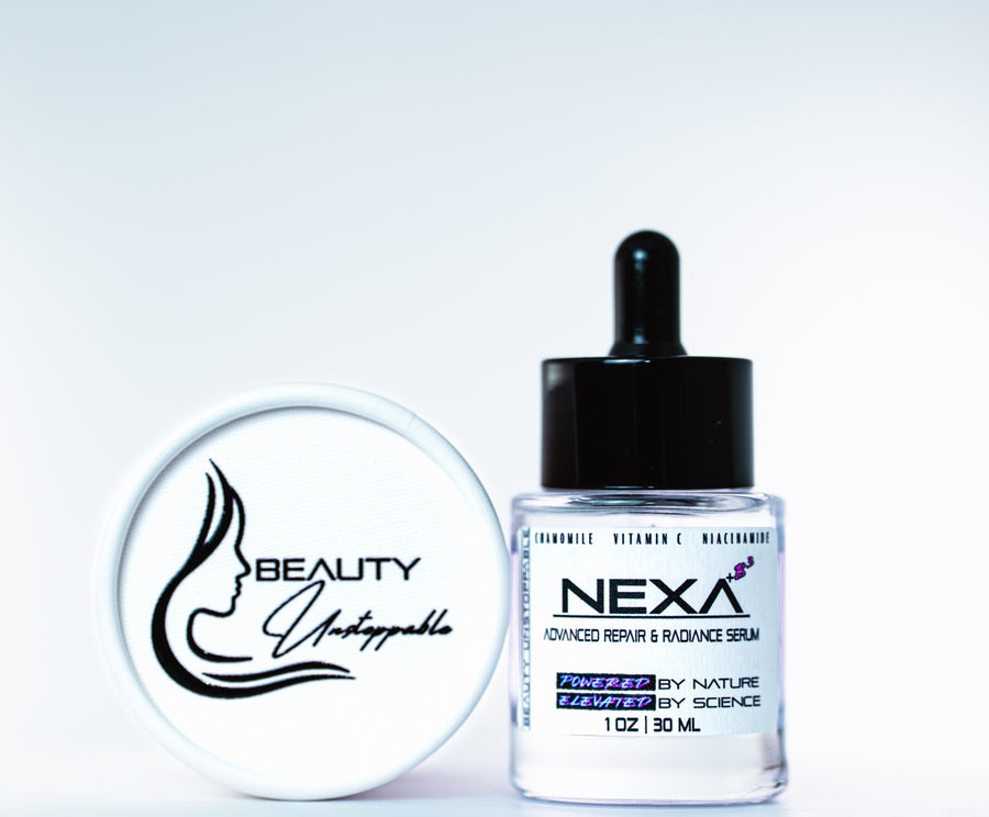 Nexa serum bottle with dropper and 'Beauty Unstoppable' logo on a white background