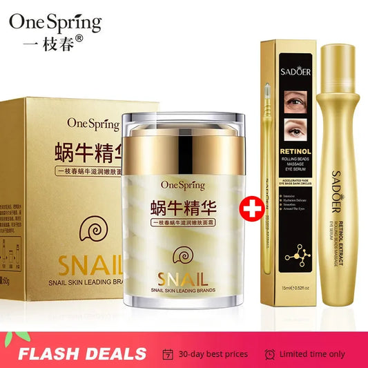 Snail Face Cream + Retinol Eye Massage Roller Serum 2pcs Moisturizing Eye Bag Face Cream Korean Skin Care Products