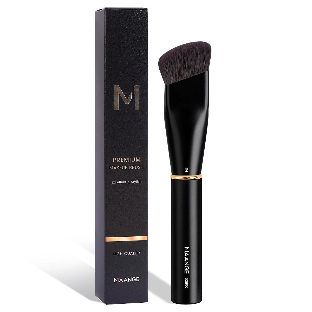 MAANGE slanted foundation brush in obsidian black with gold band beside its black presentation box