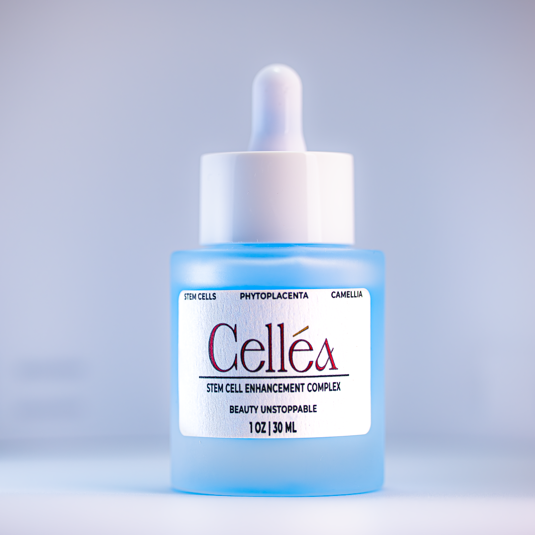 Bottle of Cellea stem cell enhancement complex on a light gray background