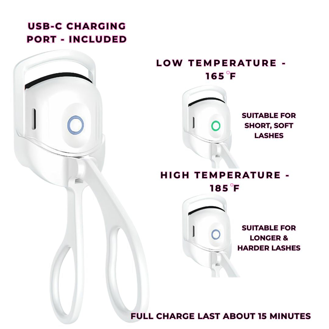 White lash curler with USB-C charging port and temperature settings on a white background