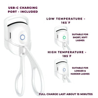 White lash curler with USB-C charging port and temperature settings on a white background