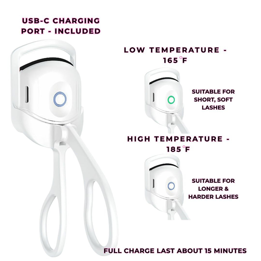 White lash curler with USB-C charging port and temperature settings on a white background