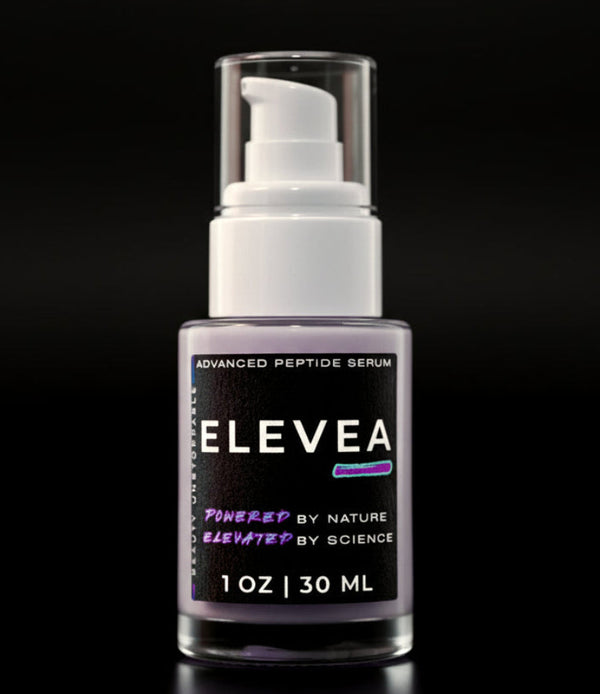 Elevea serum bottle on a black background